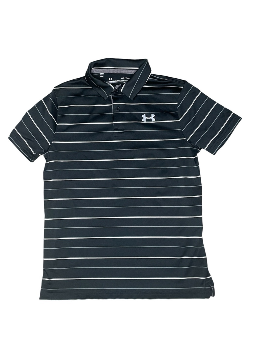Under Armour Loose Fit Black Golf Polo with Gray and White Stripes-Youth Medium
